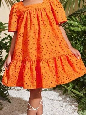 SHEIN SLAYR KIDS Young Girl Woven Orange SZ 5 Square Collar Fitted Casual Dress
